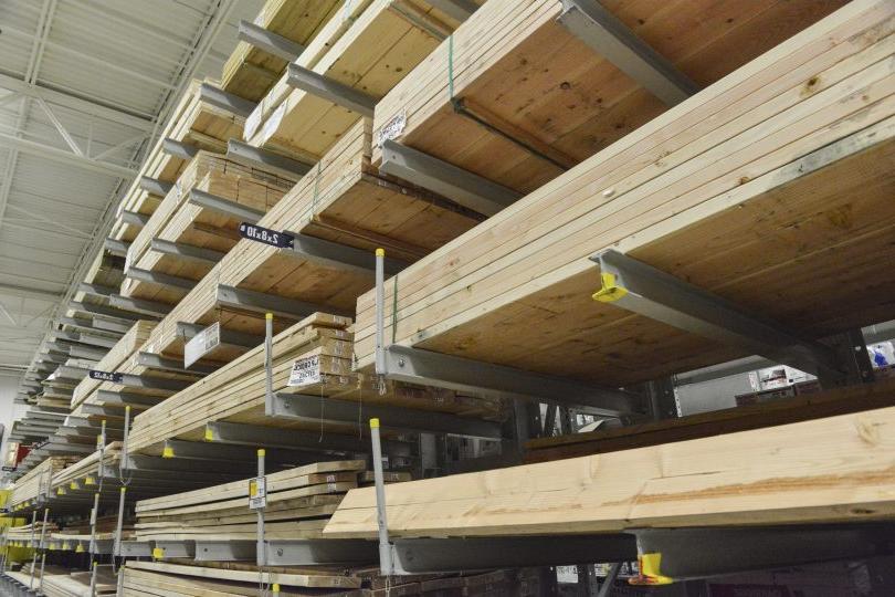Ross Technology Industrial Storage Cantilever Racking Systems in Lowe's retail lumber section.